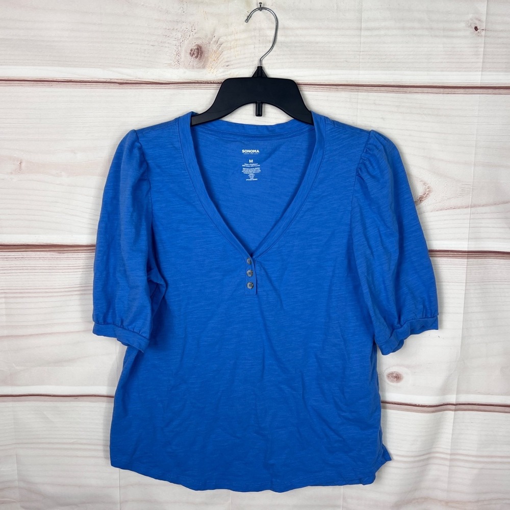 Sonoma Top Womens M Blue Puff Sleeve T-Shirt Henley Cotton Blend Solid‎ Knit